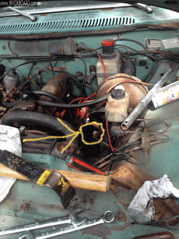 Volvo 140-160 -- looking down at starter hole on b20